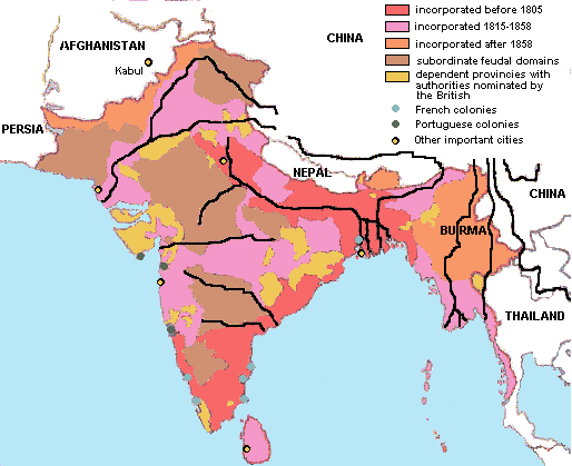 Map of British India, political structure and British expansion.