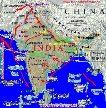 Geography, trage routes and historical regions of India subcontinent. map